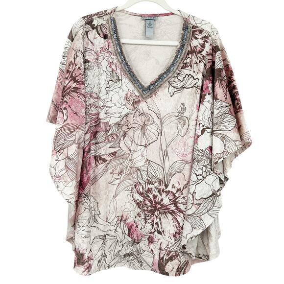 Catherines Womens Lagenlook Beaded Sequin Velvet Batwing Floral Blouse Top‎ 2X - Picture 1 of 8